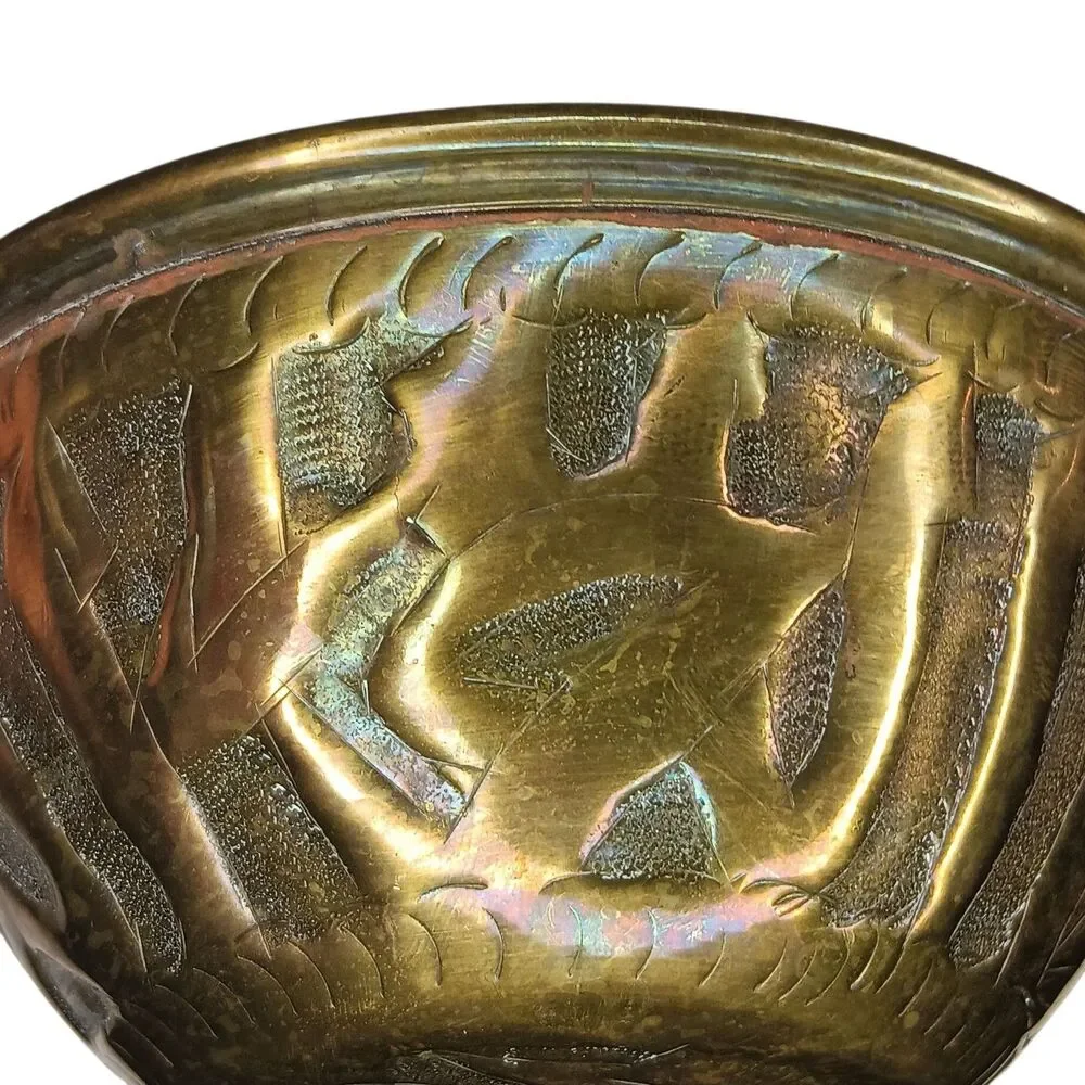 Vintage Hammered Brass Alms Finger Bowl Or Trinket Dish Embossed Designs 5